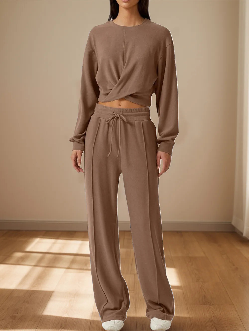 Crisscross Round Neck Top Drawstring Pants Set