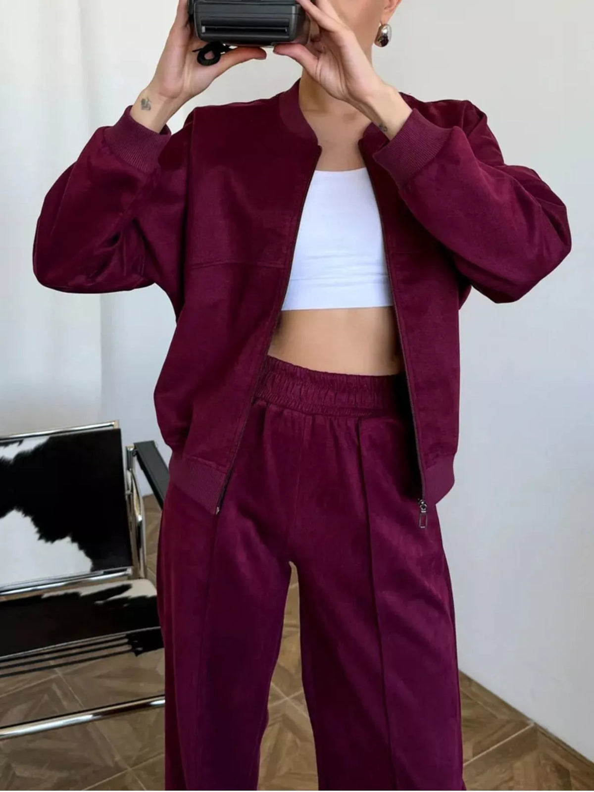 Zip Up Sweatshirt Wide-leg Pants Set (16)