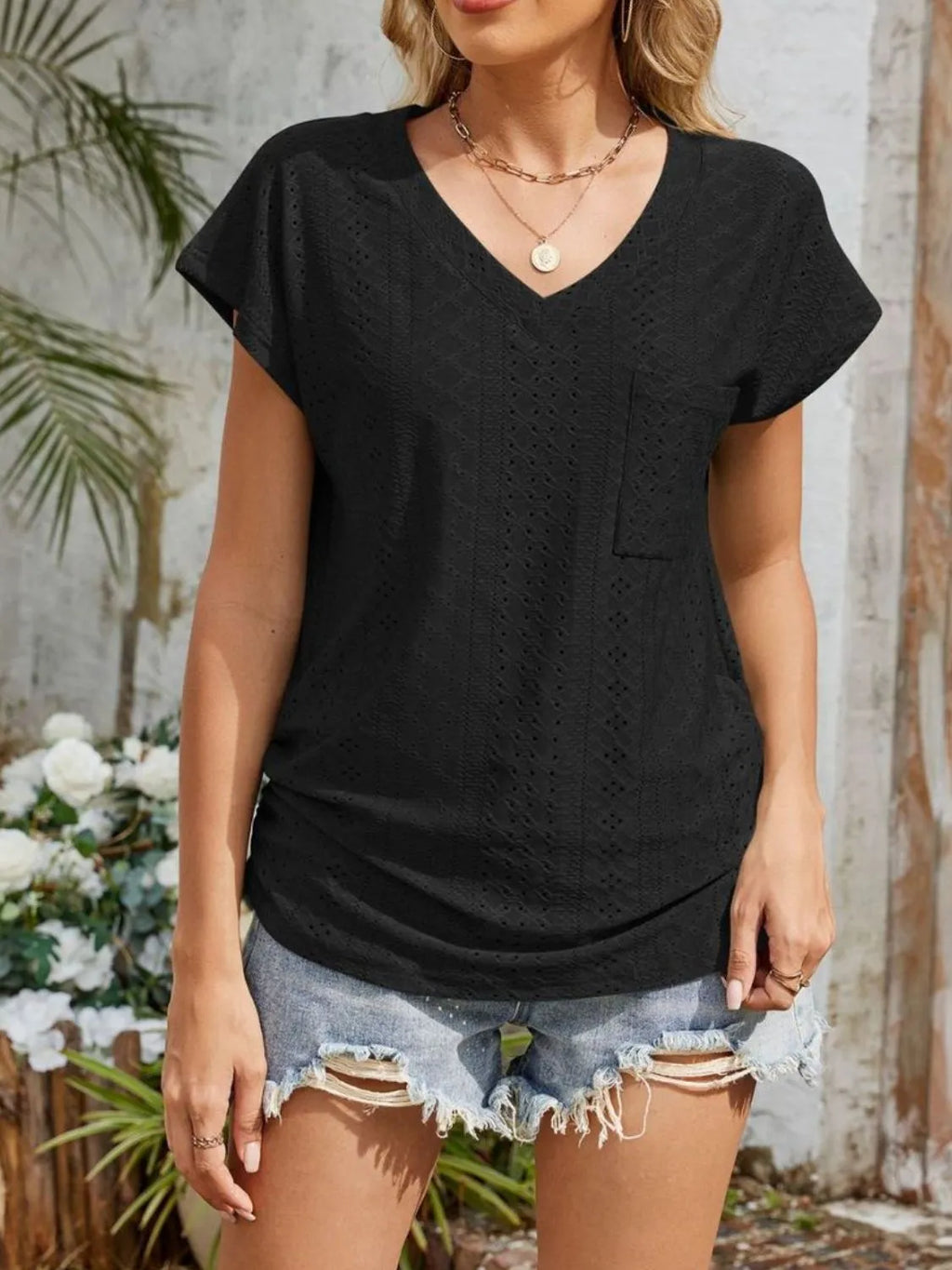 Eyelet V-neck Short Sleeve Top (28)