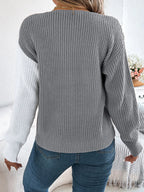 Two-tone V-neck Long Sleeve Sweater (14)