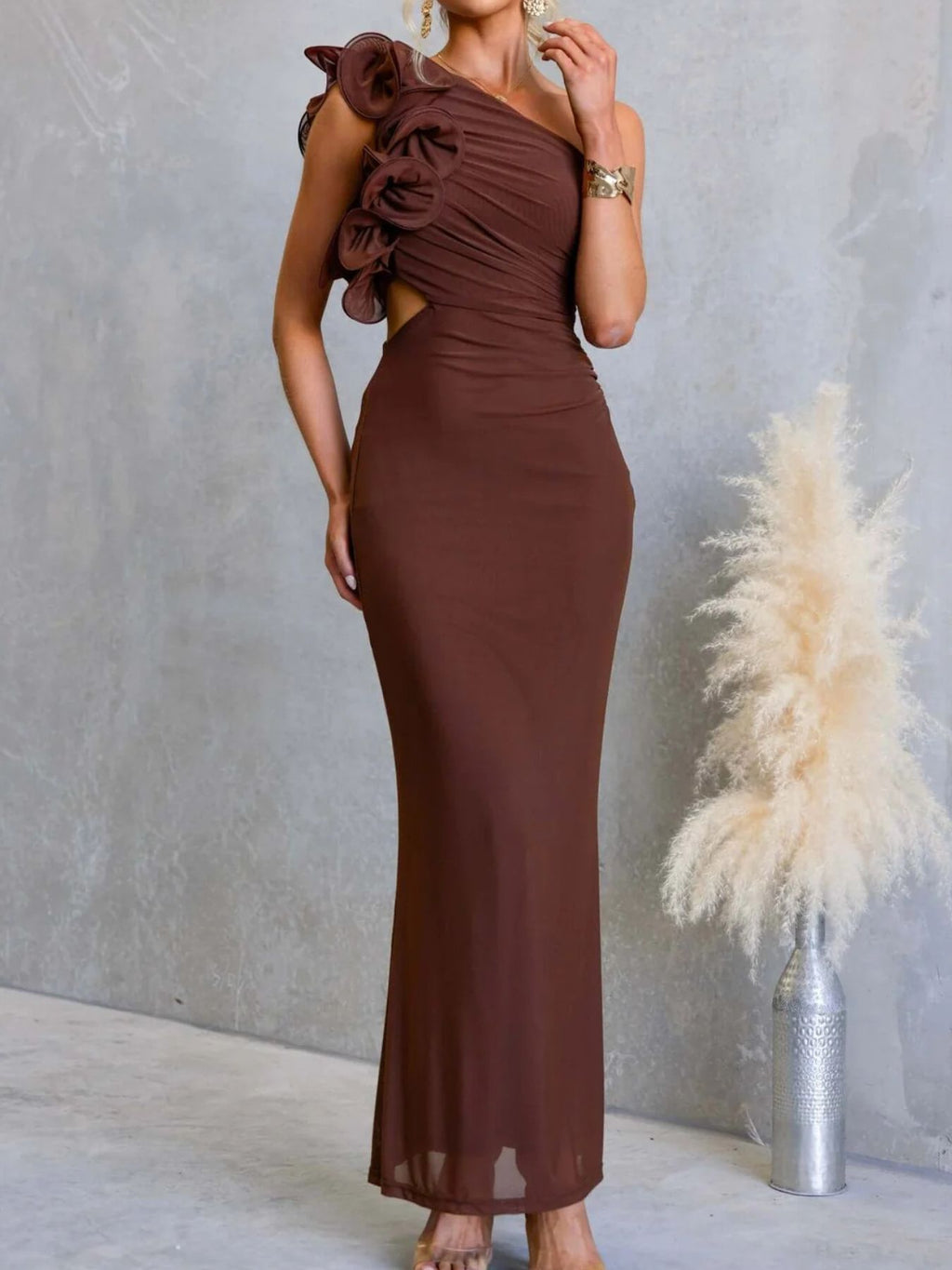 One-shoulder Floral Trim Sleeveless Maxi Dress (26)