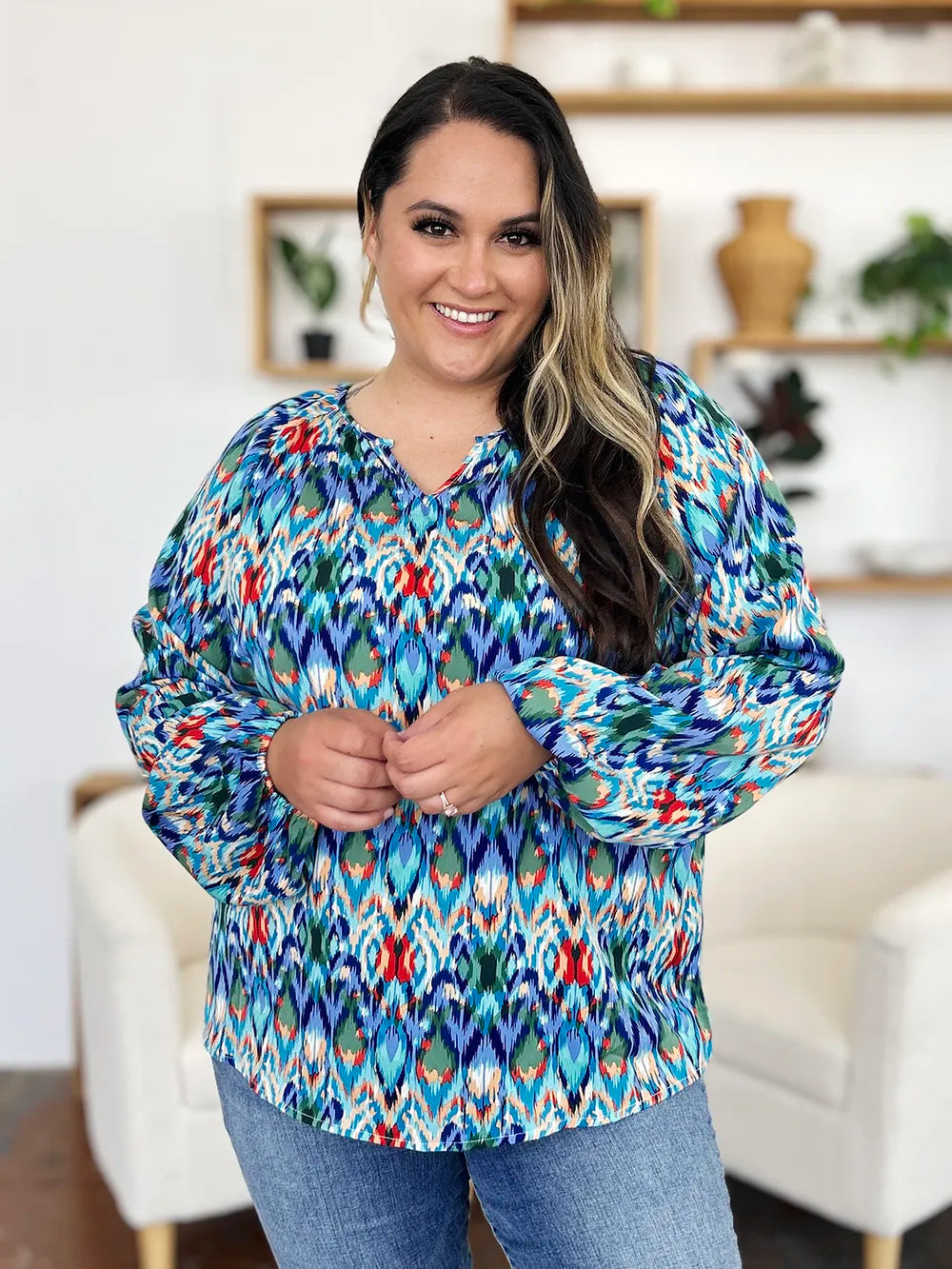 Full Size Printed Balloon Sleeve Blouse (13)