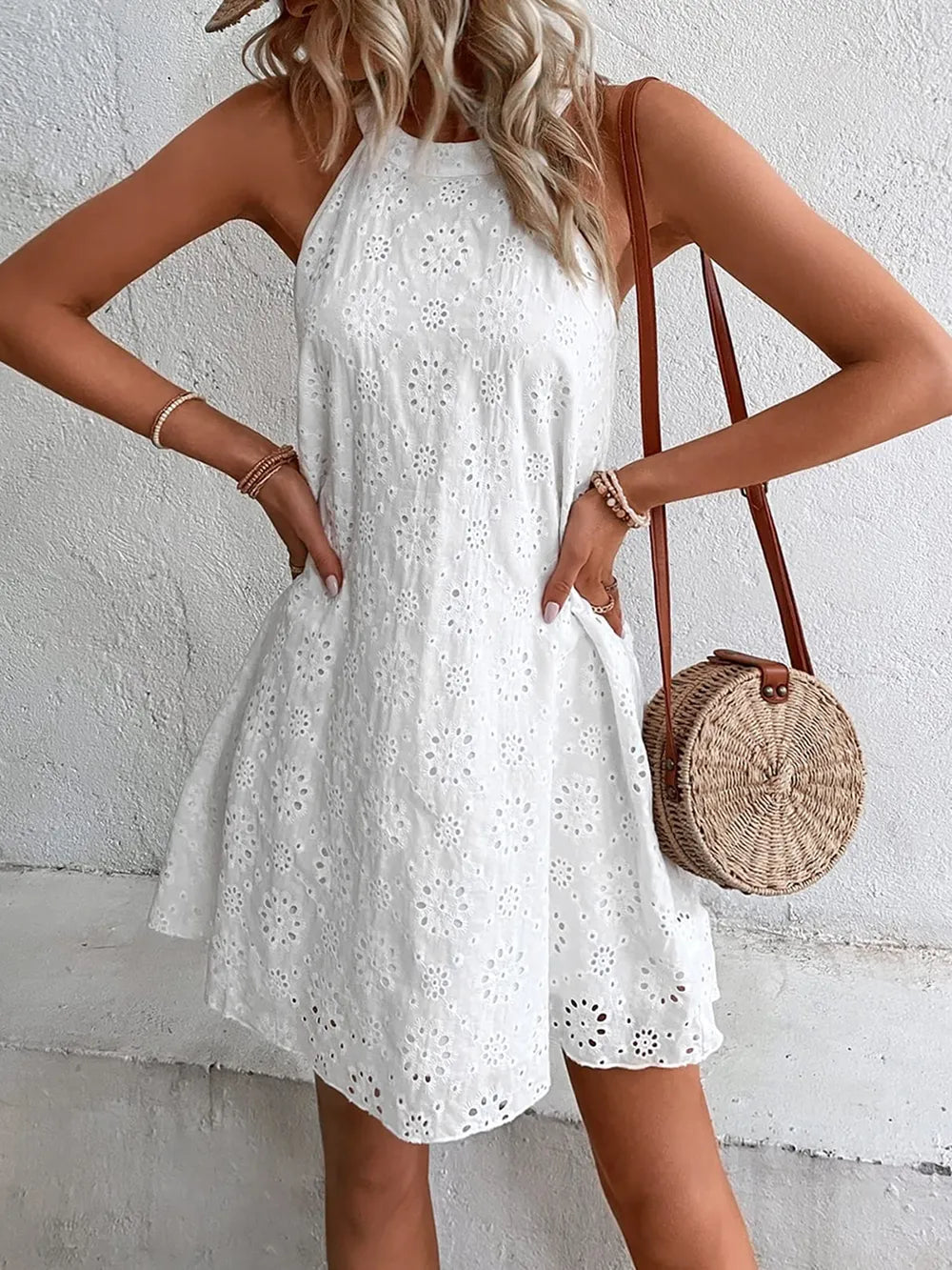 Eyelet Grecian Neck Mini Dress (4)