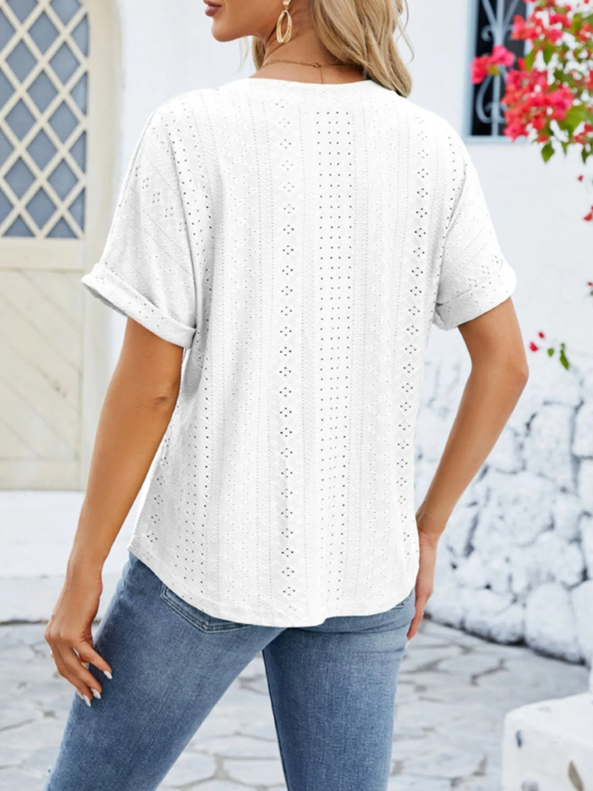 Eyelet Notched Short Sleeve Blouse (20)