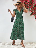 Printed Surplice Neck Flutter Sleeve Slit Dress (3)