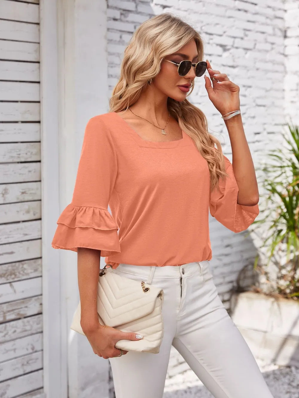 Ruffled Suqare Neck Half Sleeve Blouse (11)