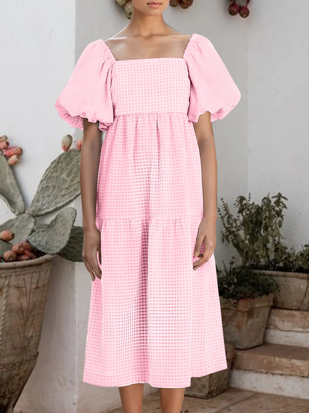 Plaid Square Neck Short Sleeve Dress (5)