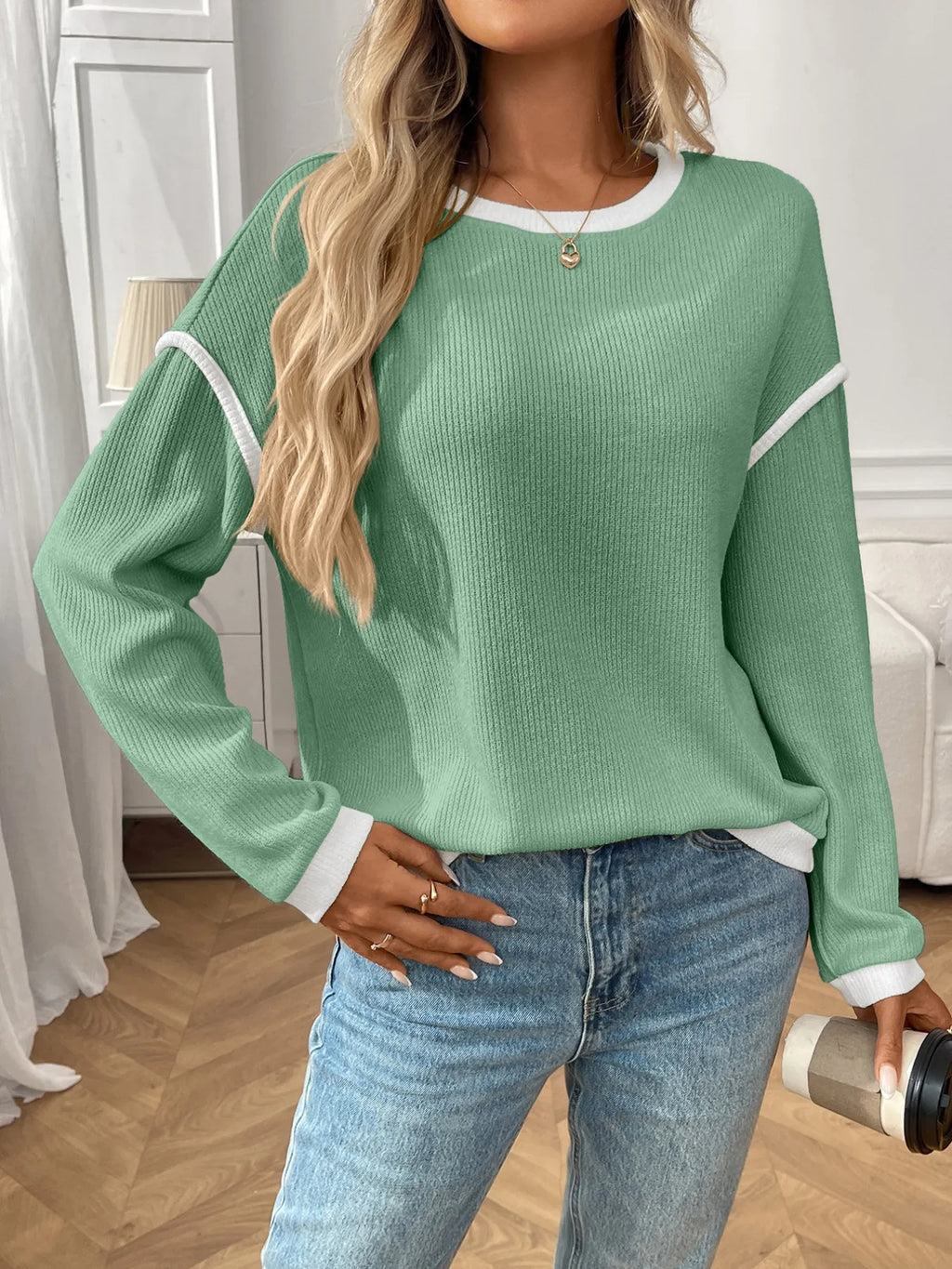 Ribbed Contrast Trim Long Sleeve Top (23)
