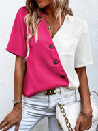 Decorative Button Surplice Short Sleeve Blouse (9)