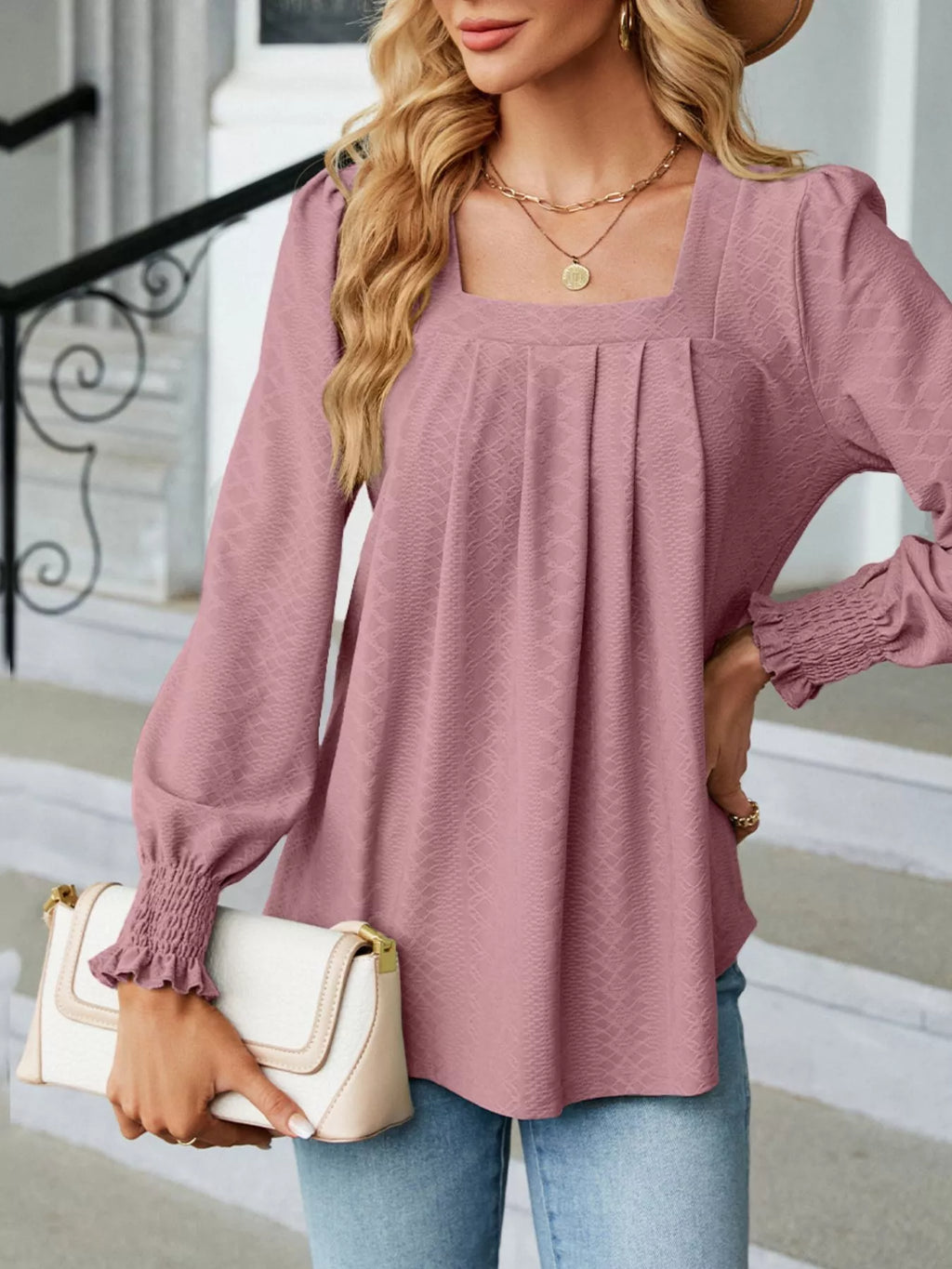 Pleated Square Neck Long Sleeve Top (19)