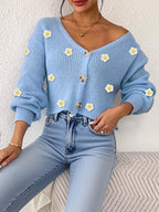 Floral V-neck Button-down Cropped Cardigan (10)