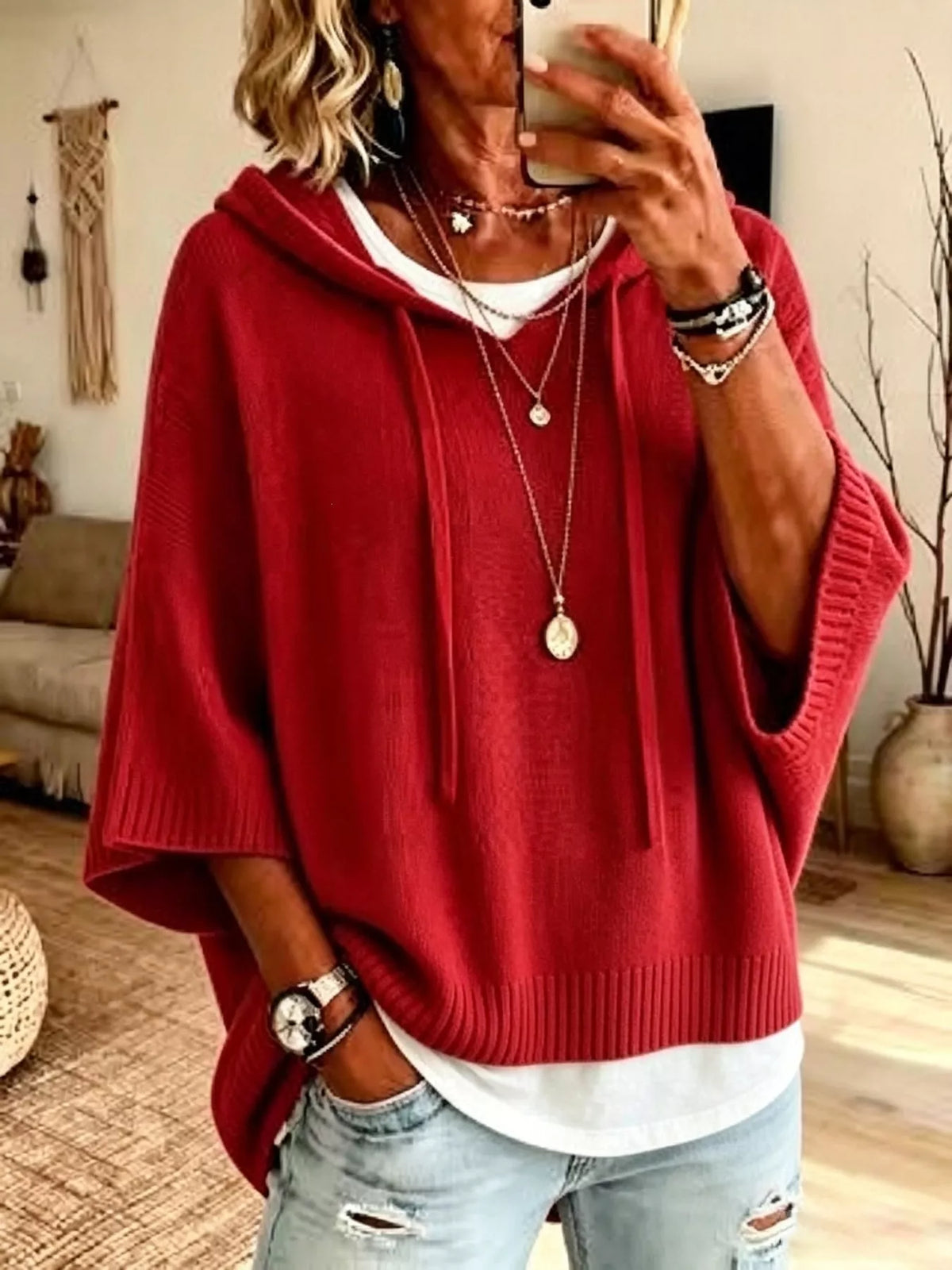 Full Size Casual Hooded Batwing Sleeve Knit Sweater Plus (18)