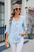 Ruffled V-neck Three-quarter Sleeve Blouse (2)