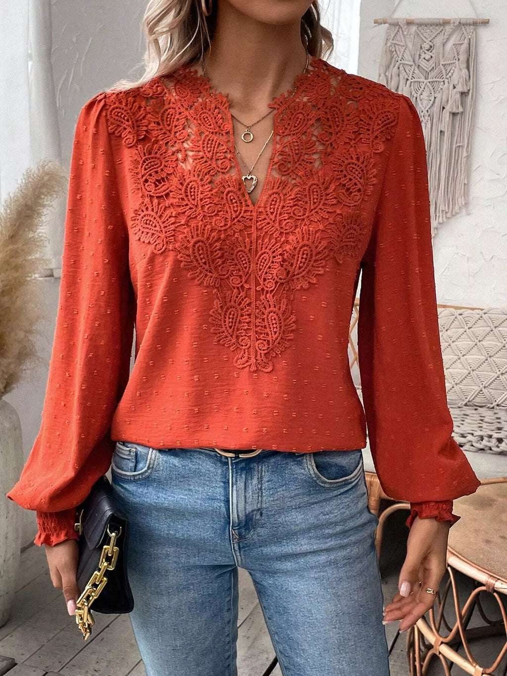 Swiss Dot Lace Detail Long Sleeve Blouse