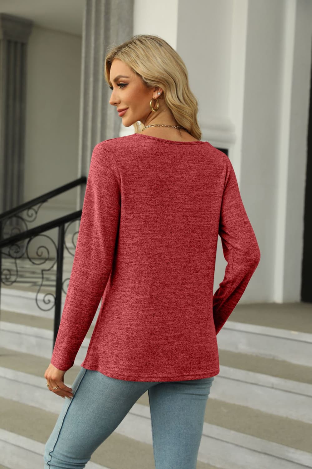 Square Neck Long Sleeve Slit T-shirt (15)