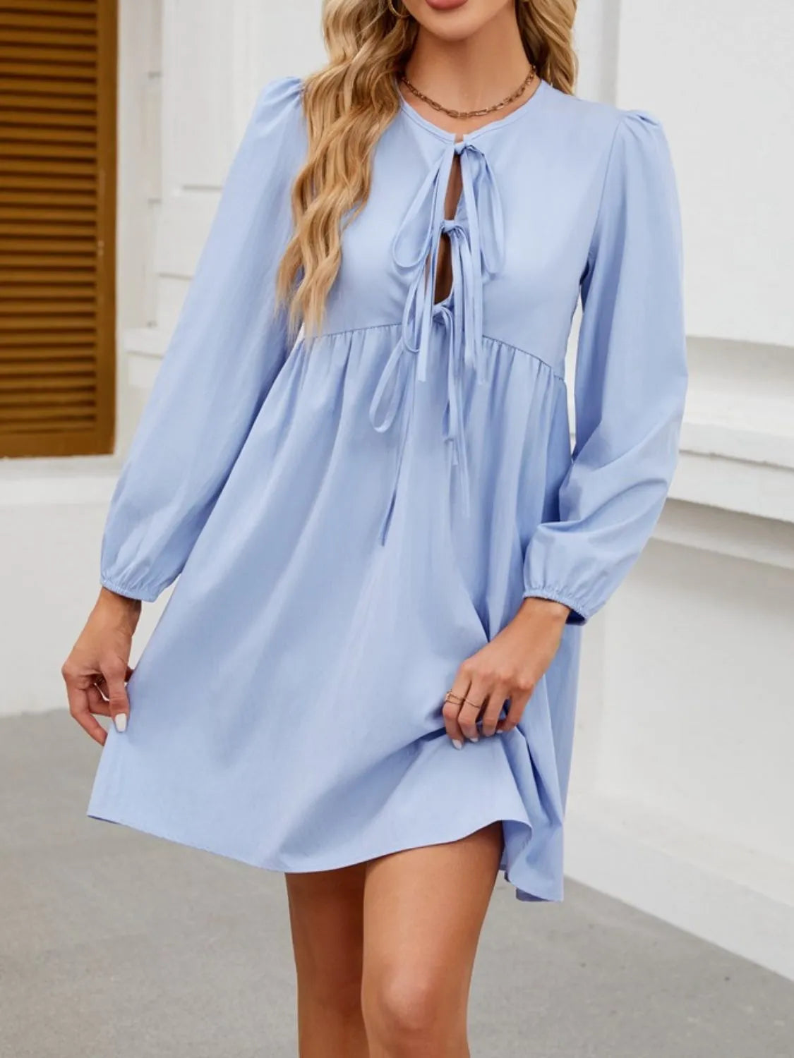 Tie Front Long Sleeve Mini Dress (5)