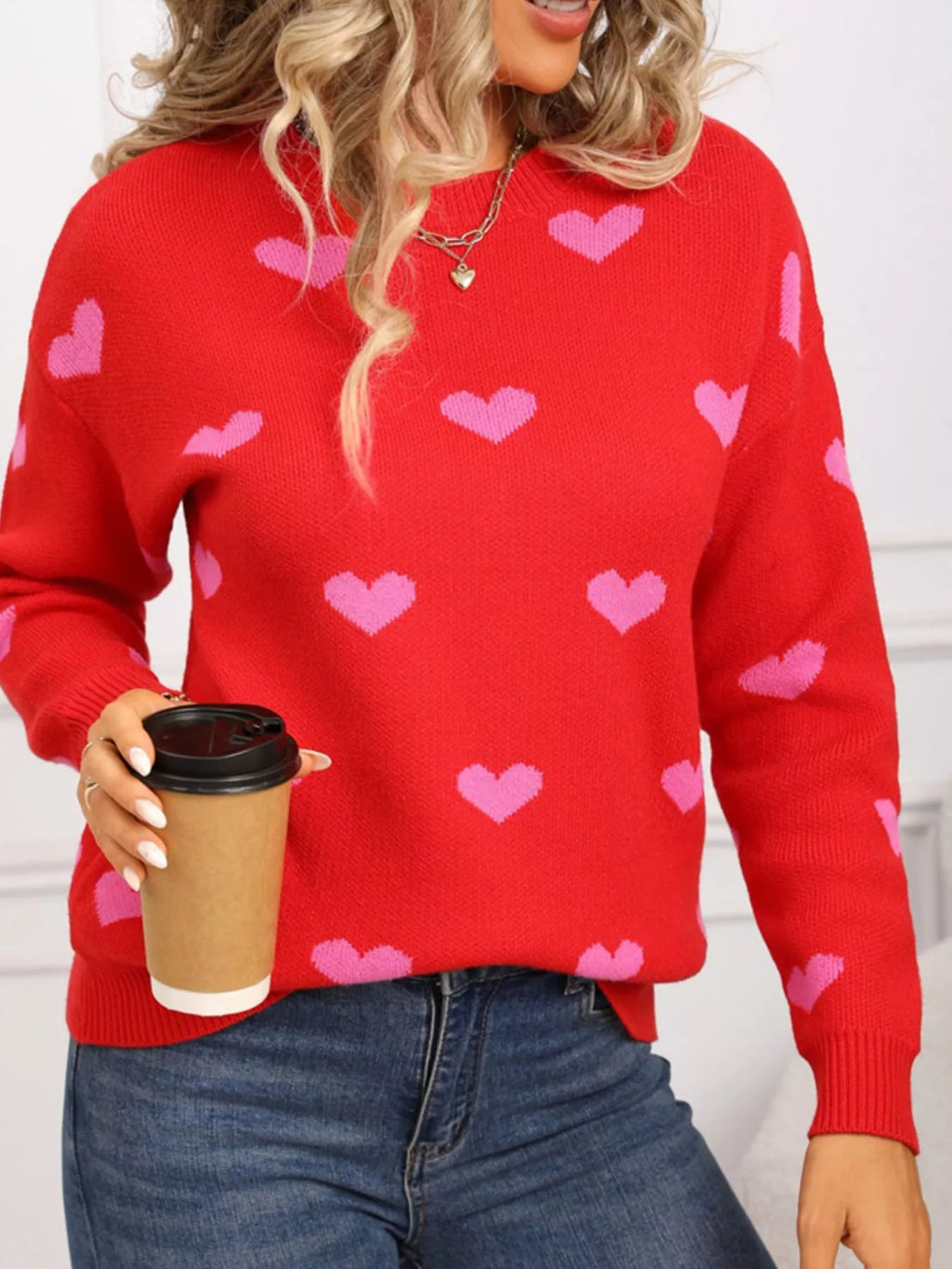 Valentine's Day Heart Pattern Dropped Shoulder Sweater (18)