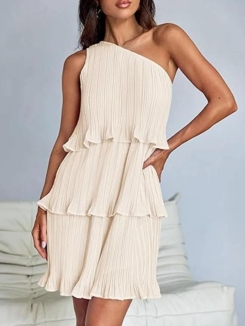Layered Single Shoulder Mini Dress (10)