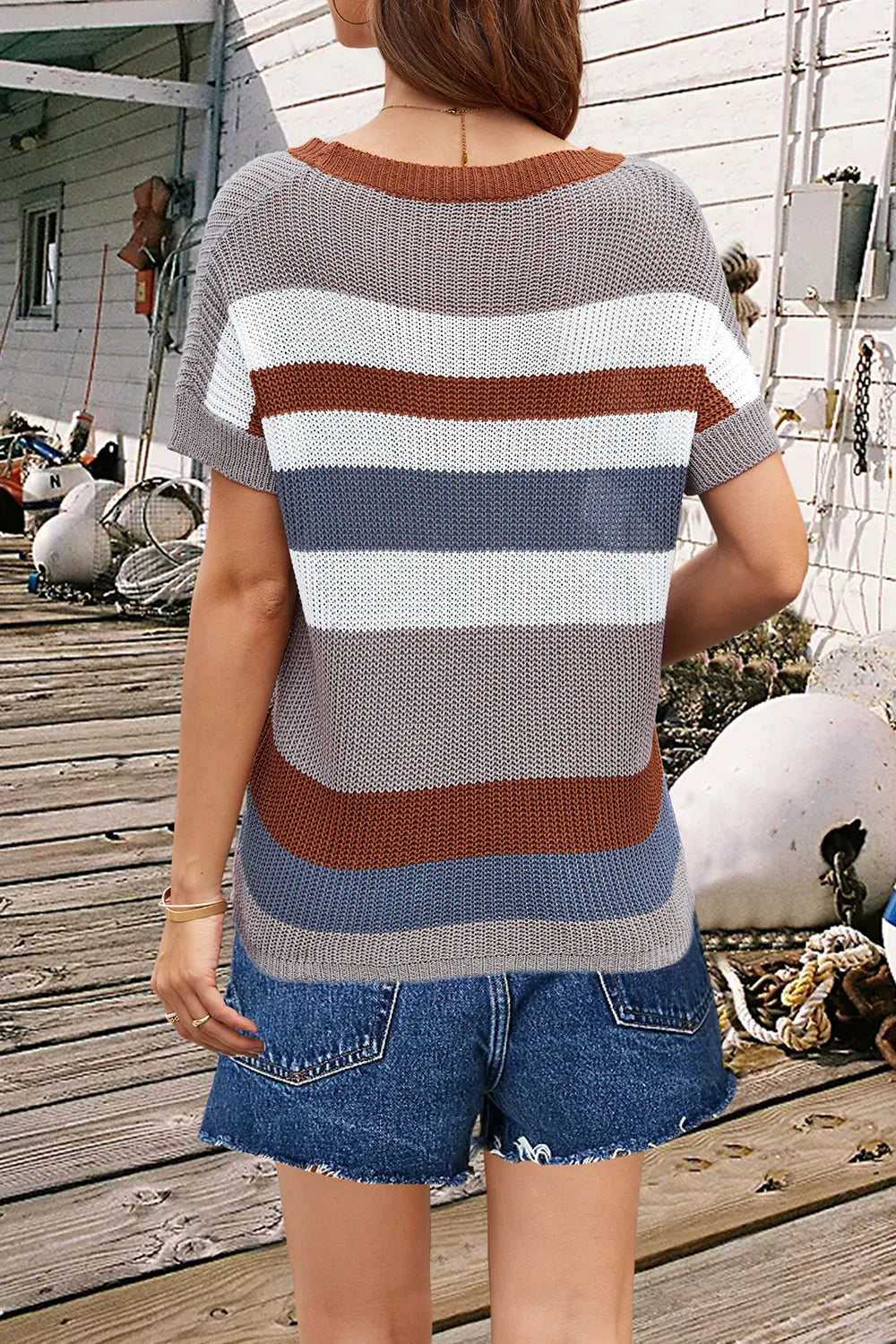 Striped Round Neck Short Sleeve Knit Top (12)