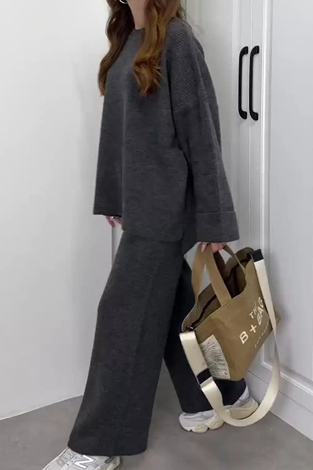 Dropped Shoulder Knit Sweater Wide Leg Pants Set (11)