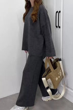 Dropped Shoulder Knit Sweater Wide Leg Pants Set (11)