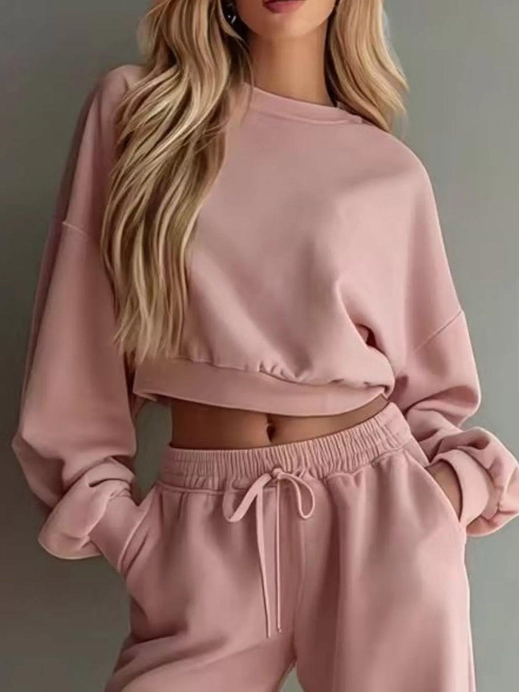 Round Neck Cropped Sweatshirt Wide-leg Pants (20)