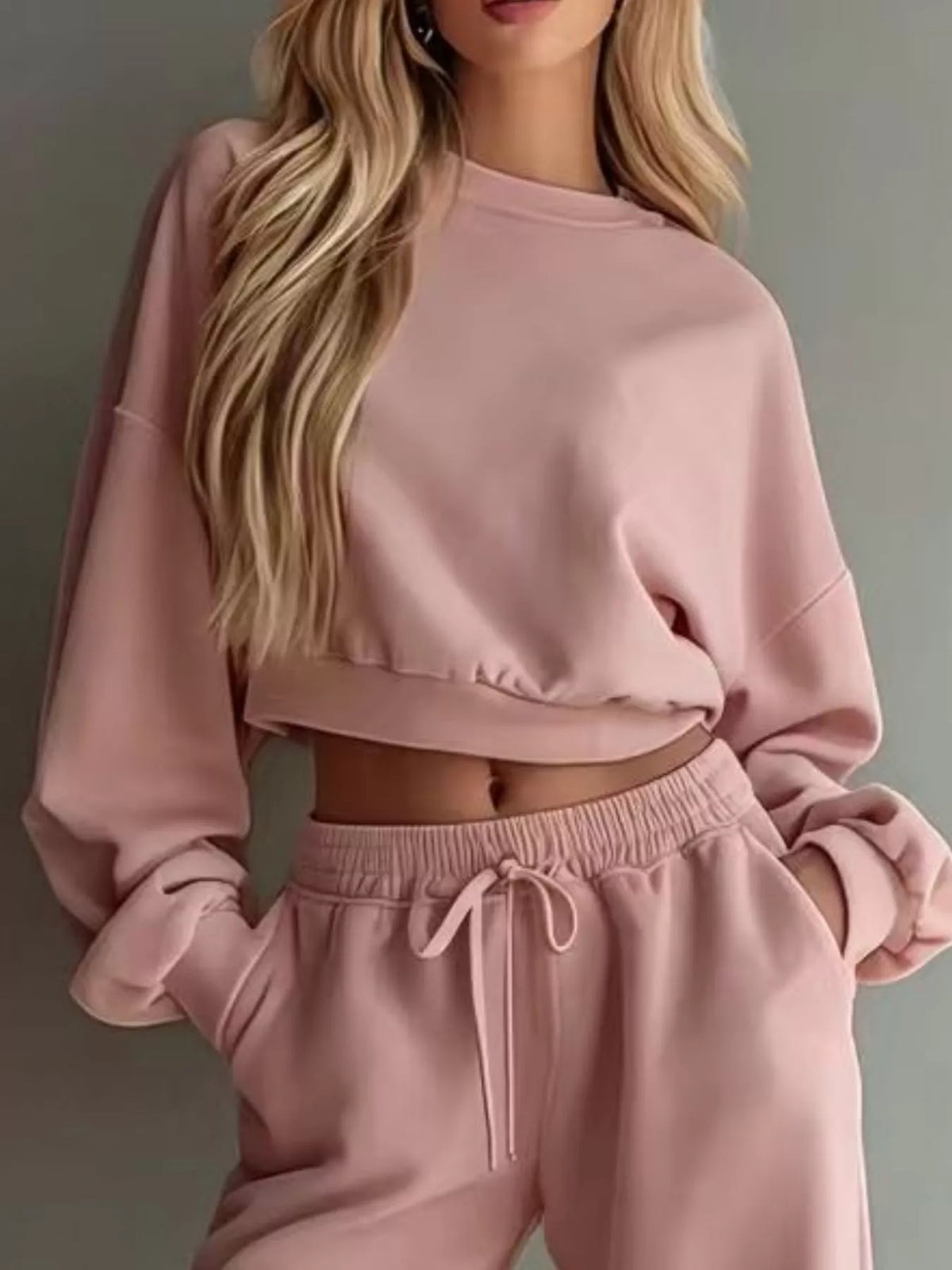 Round Neck Cropped Sweatshirt Wide-leg Pants (20)