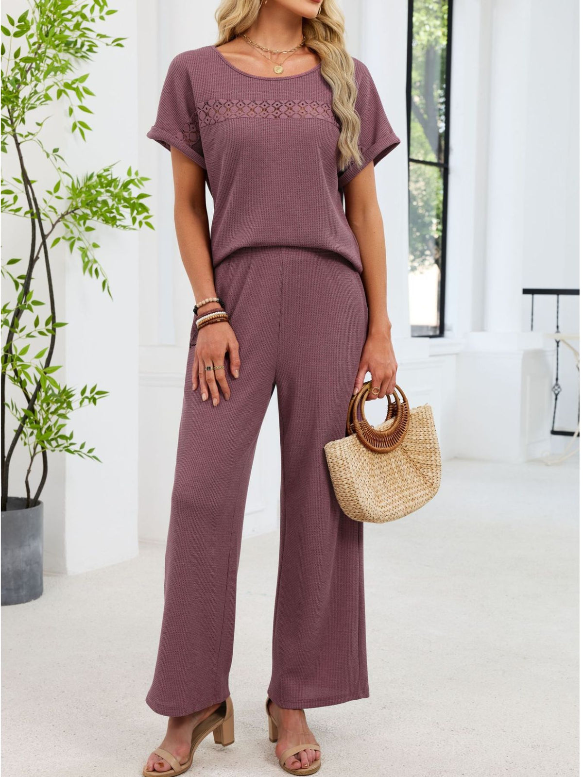 Lace Detail Short Sleeve Top Pants Set