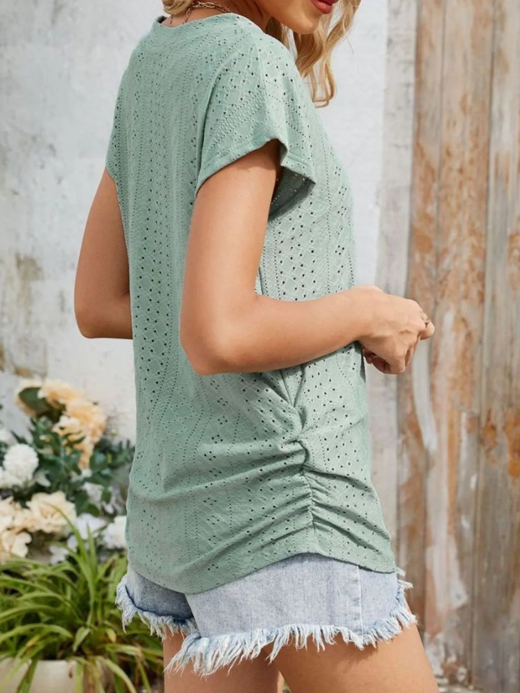 Eyelet V-neck Short Sleeve Top (13)