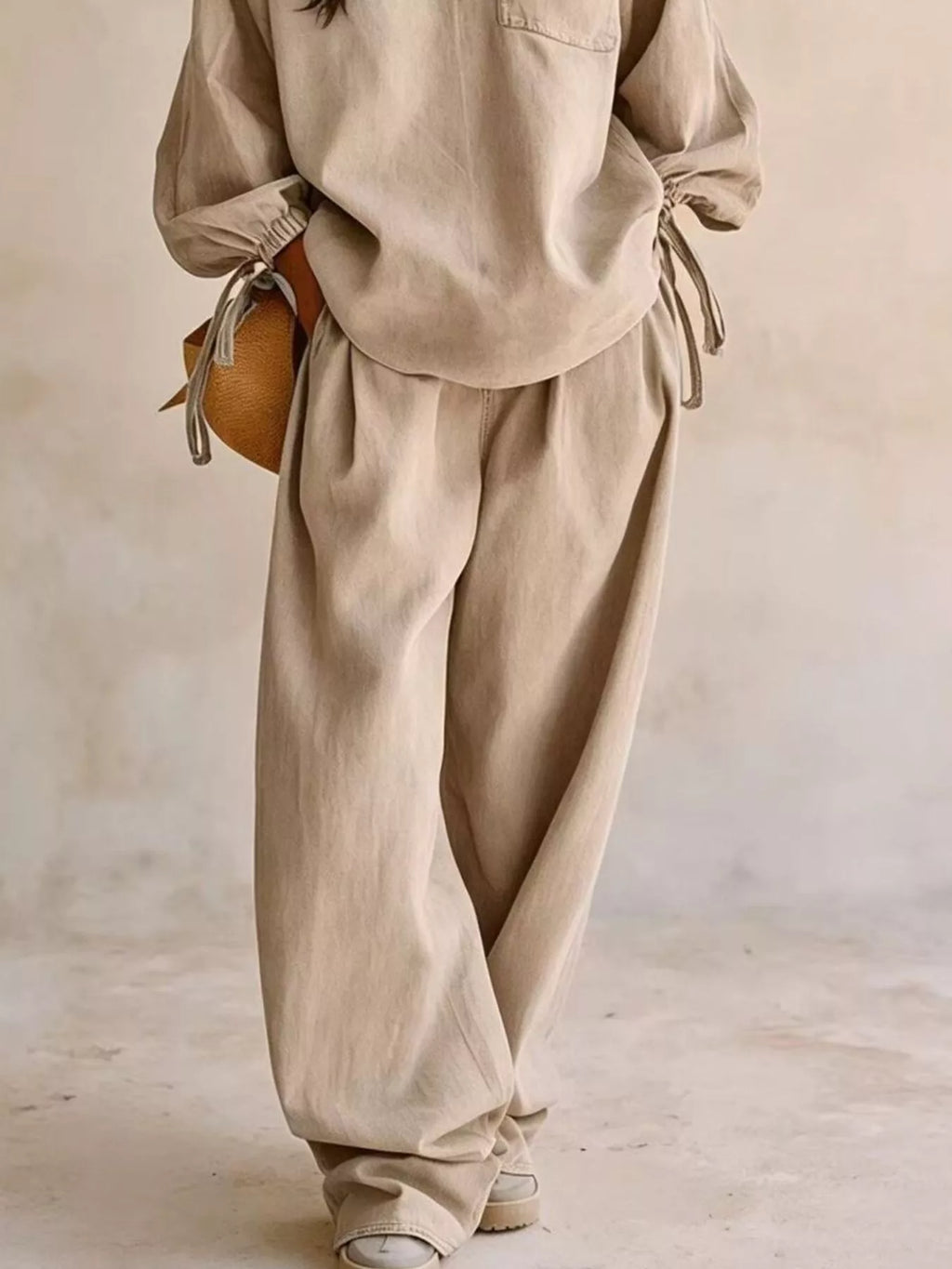 Relaxed Fit Drawstring Sleeve Detail Top Pants Denim Set (9)