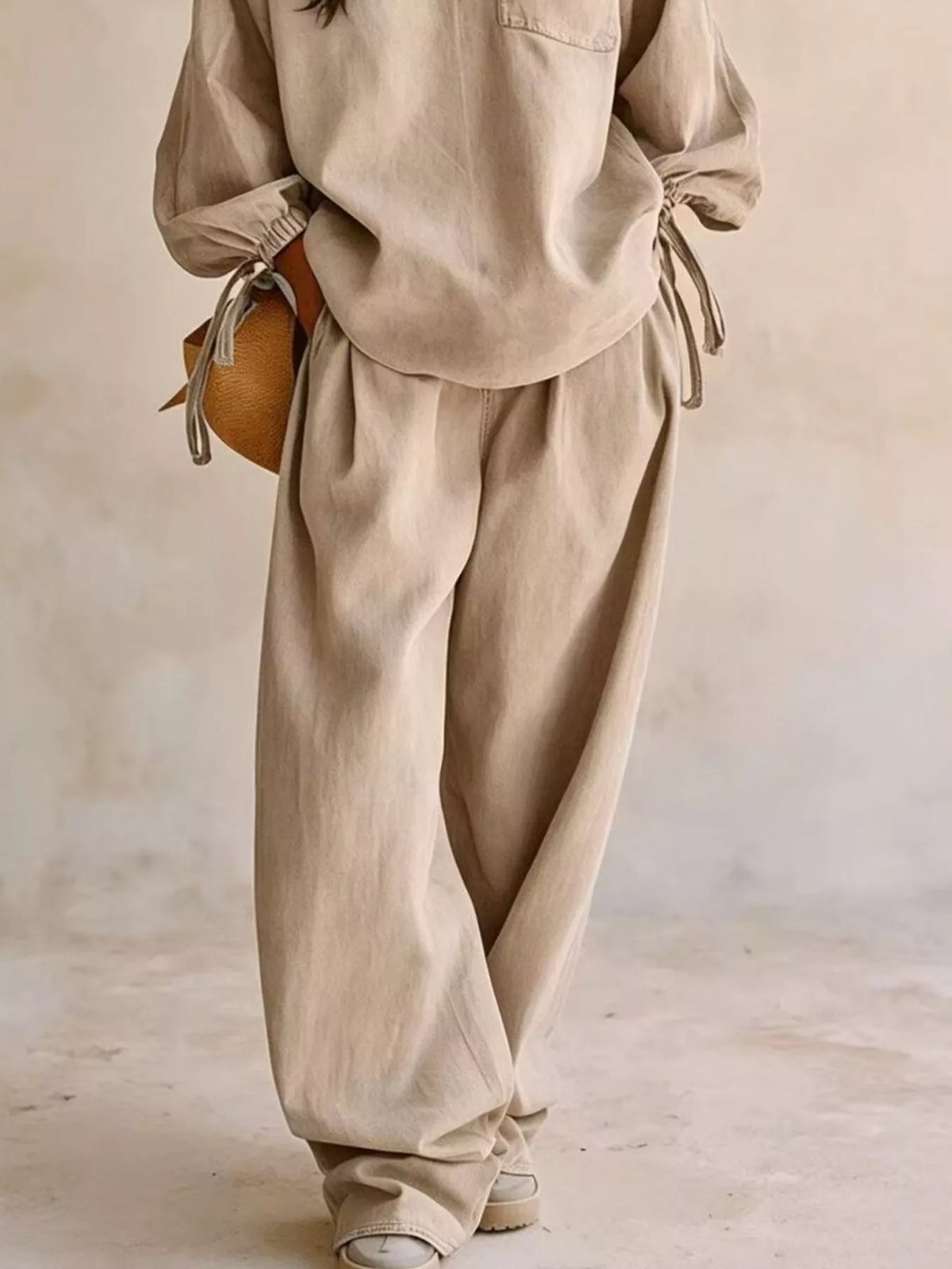Relaxed Fit Drawstring Sleeve Detail Top Pants Denim Set (9)