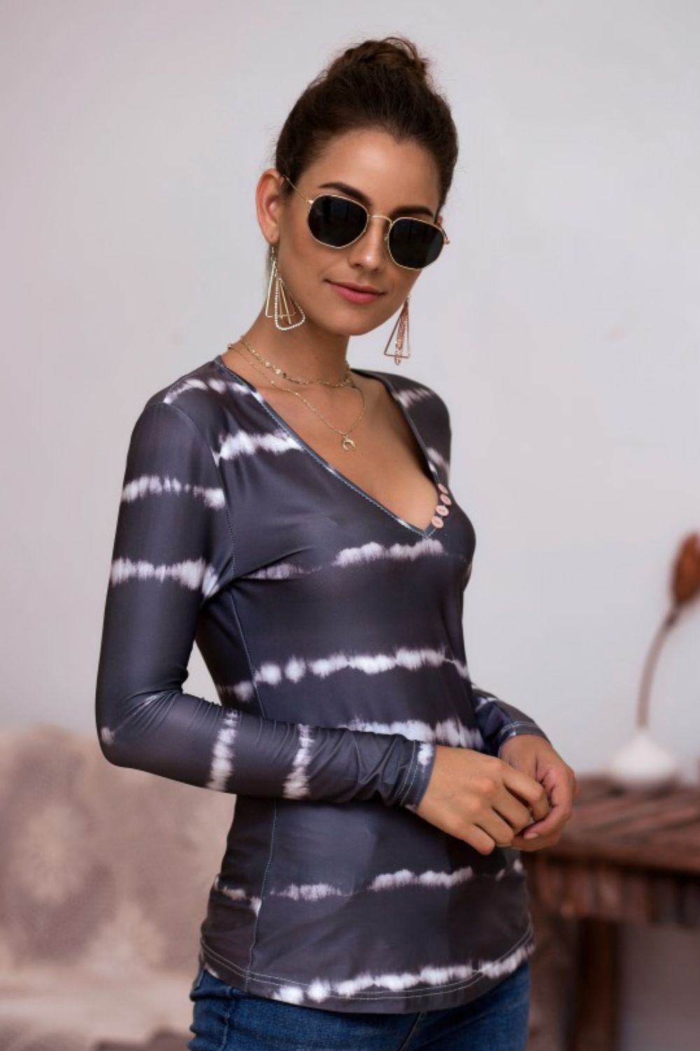 Tie-dye Plunge Long Sleeve Top (14)
