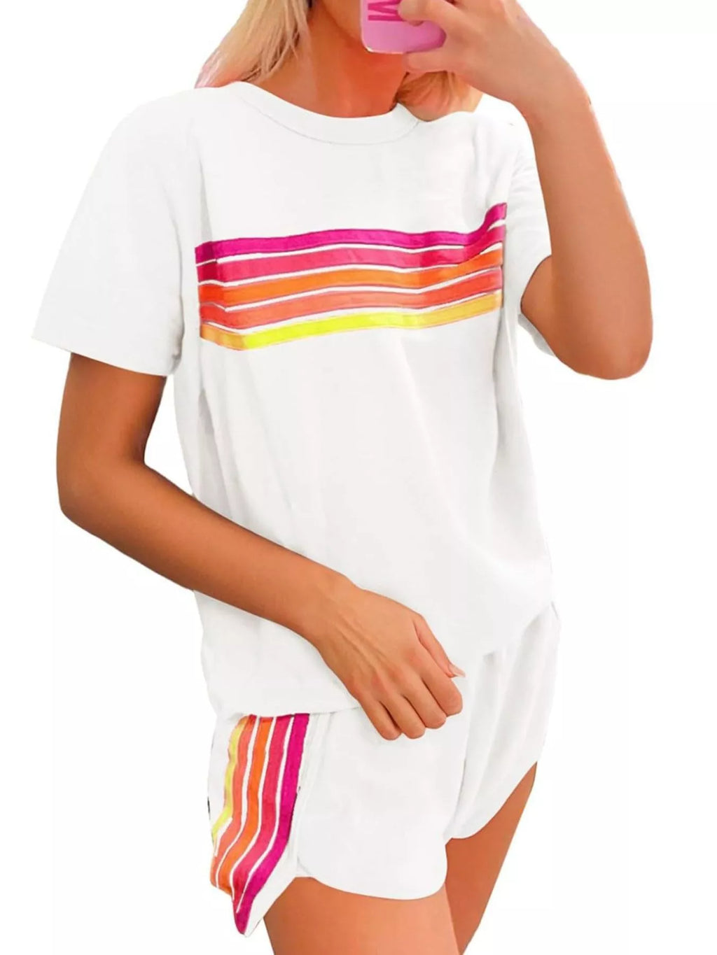 Rainbow Striped Round Neck Top Shorts Set (20)