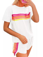 Rainbow Striped Round Neck Top Shorts Set (20)