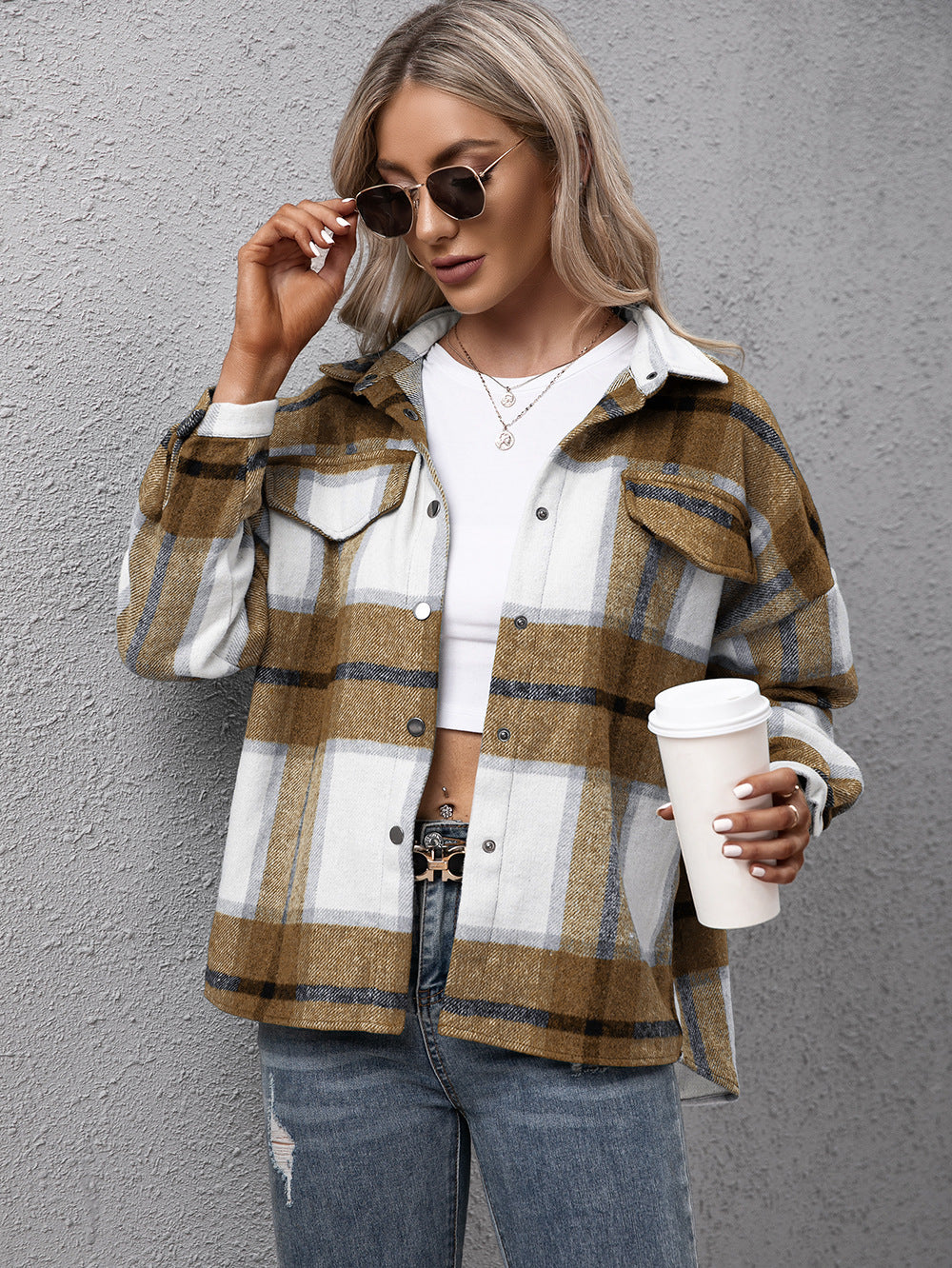 Plaid Long Sleeve Shirt Jacket (4)
