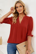 Smocked Flounce Sleeve Notched Neck Blouse (10)