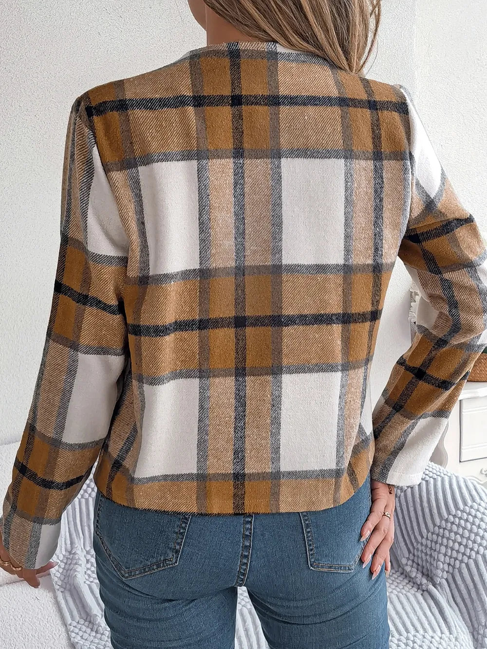 Plaid Open Front Long Sleeve Jacket (9)