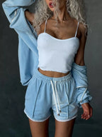 Zip Up Hooded Outerwear Shorts Set (3)