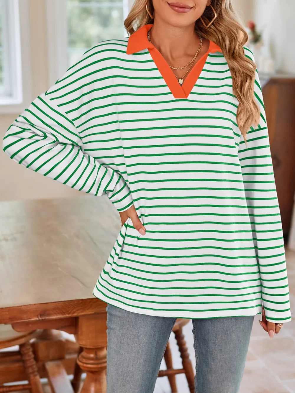 Striped Johnny Collar Long Sleeve T-shirt (34)