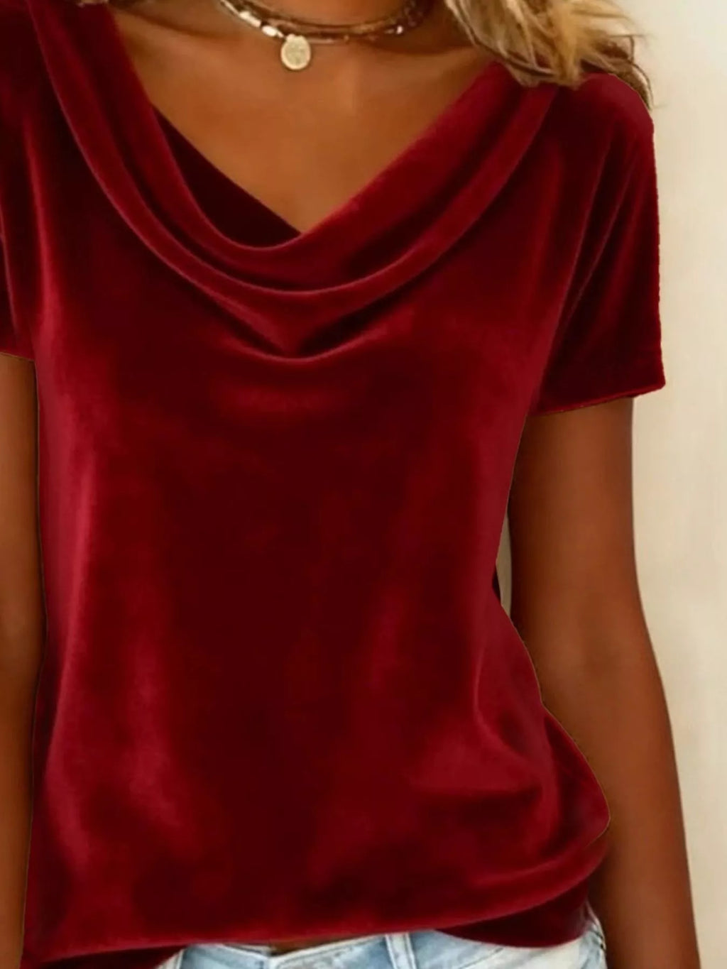 Velvet Cowl Neck Short Sleeve Top (15)