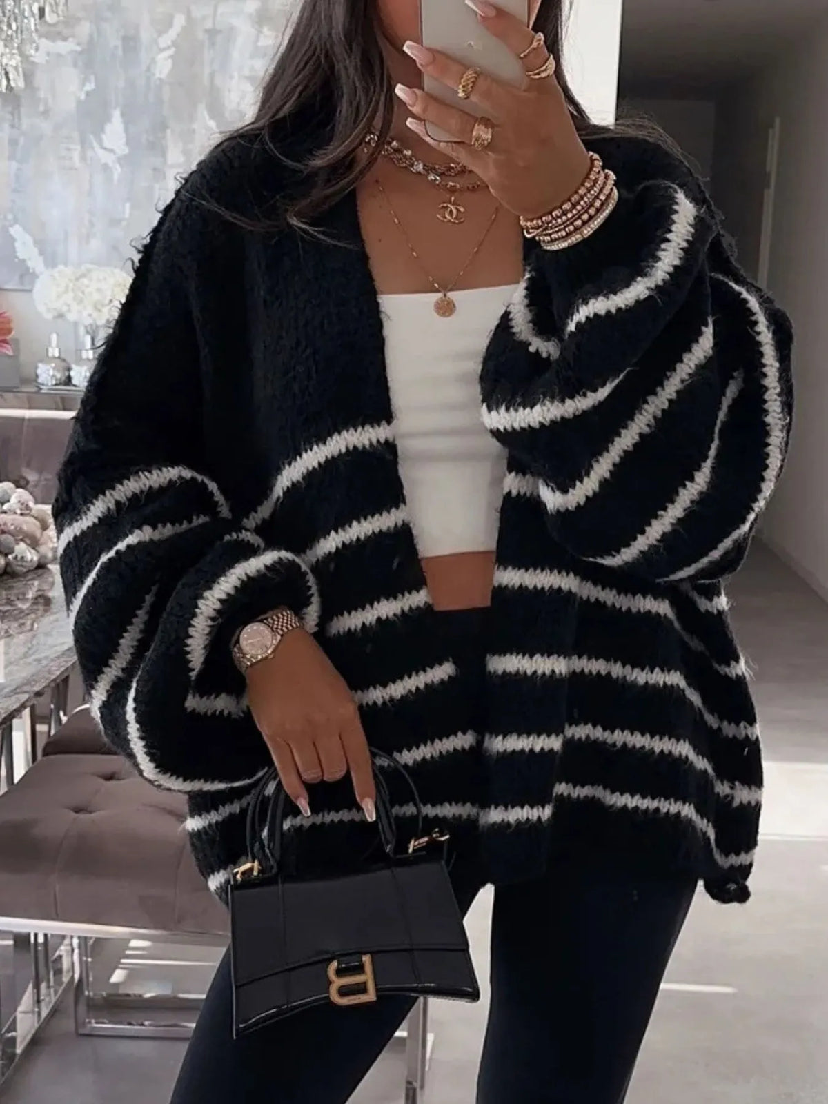 Striped Open Front Dropped Shoulder Cardigan (8)
