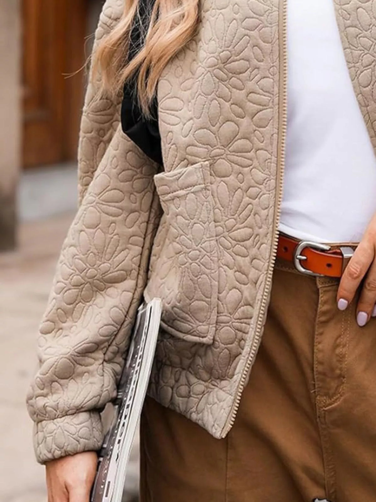 Full Size Floral Quilted Zip Up Jacket Plus (2)