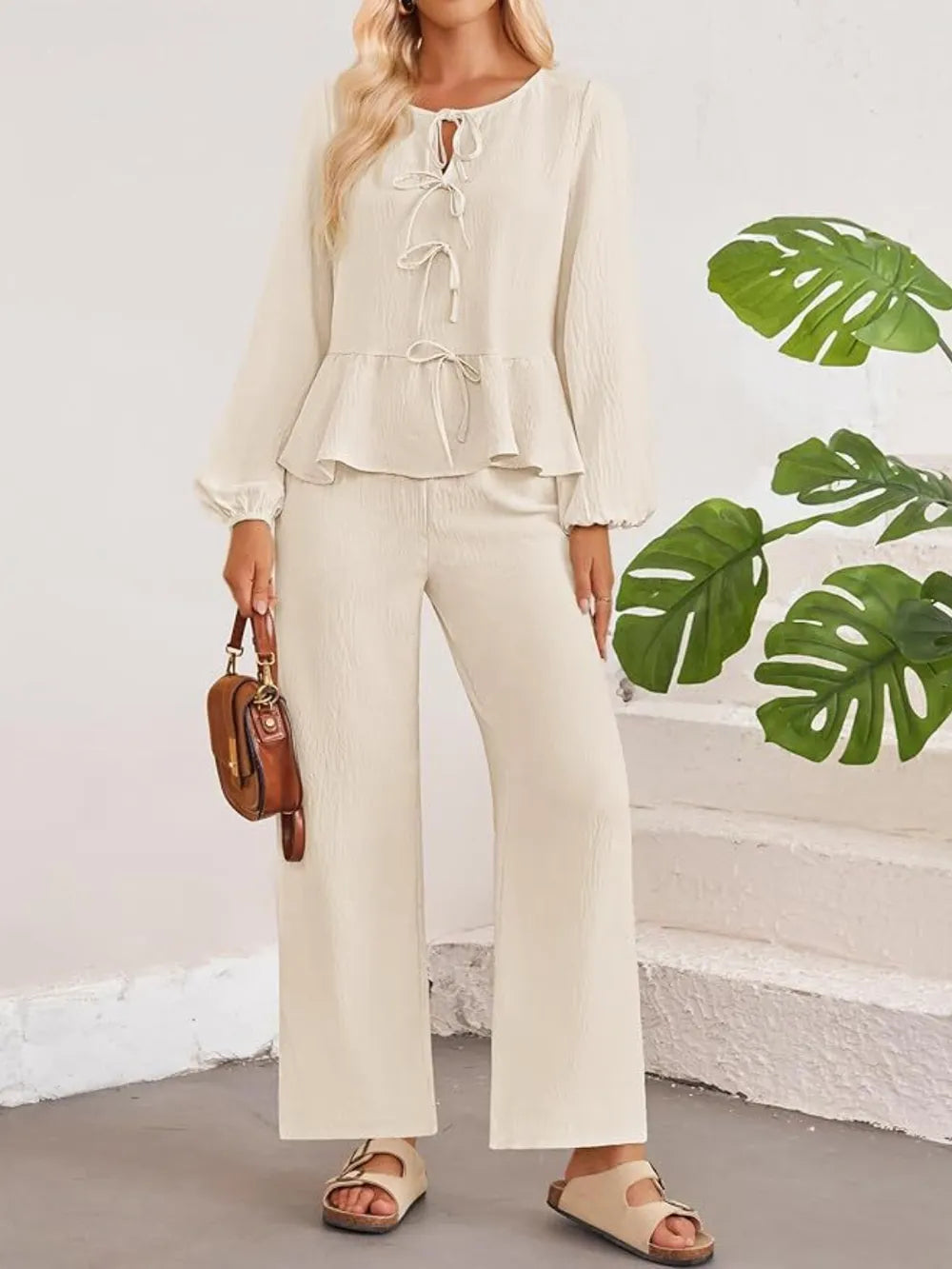 Tie Neck Balloon Sleeve Top Pants Set