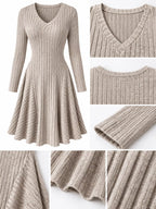 V-neck Ribbed Knit A-line Dress (15)