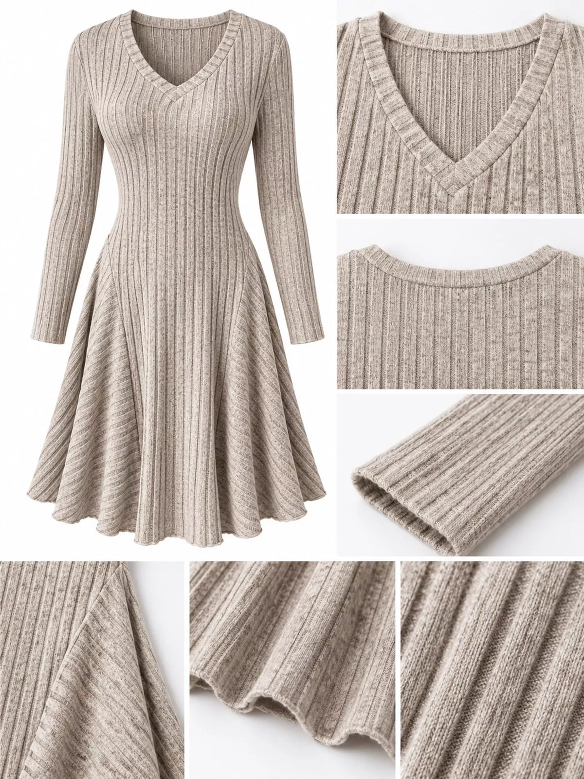 V-neck Ribbed Knit A-line Dress (15)