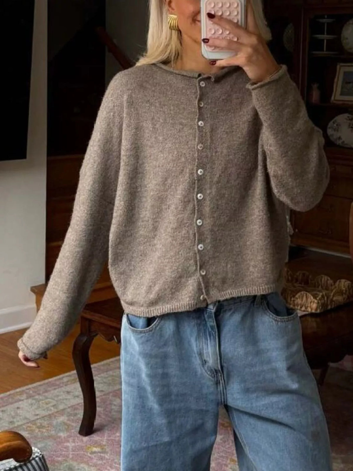 Button-down Dropped Shoulder Cardigan (2)