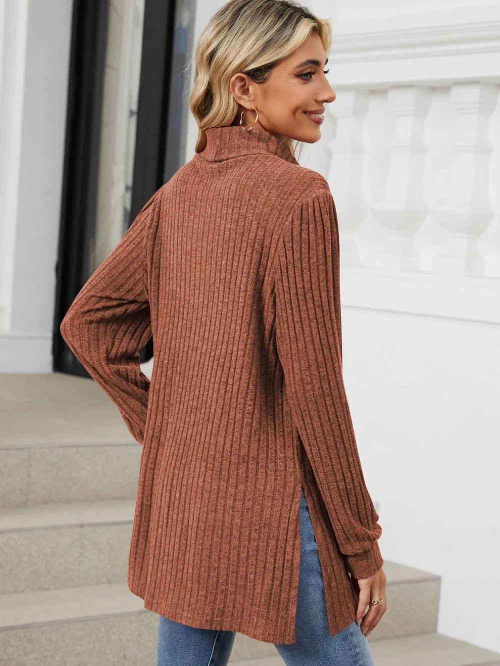 Slit Mock Neck Long Sleeve T-shirt (36)