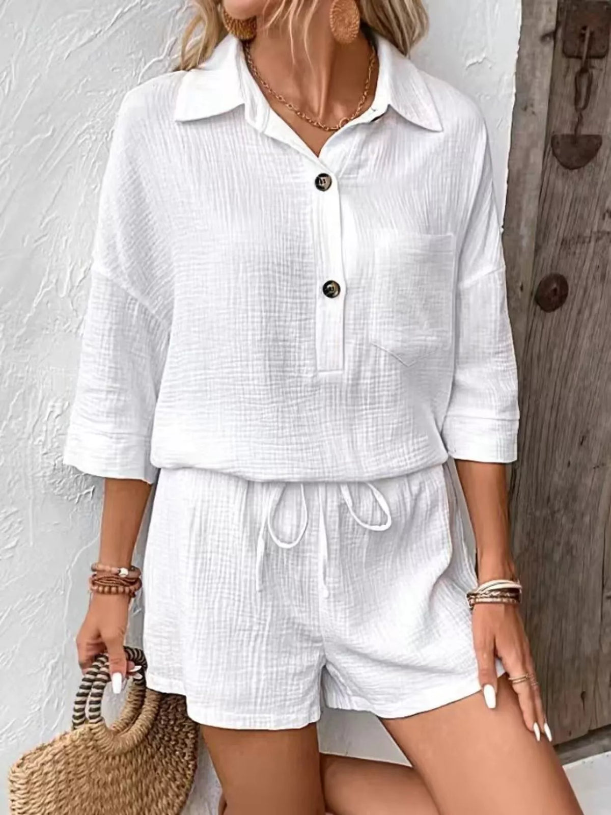 Button Detail Top Shorts Set (2)