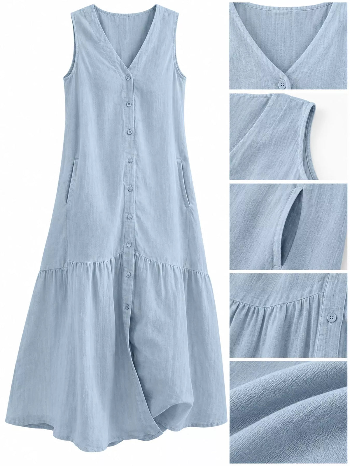 Full Size V-neck Button Front Sleeveless Midi Dress Plus (15)