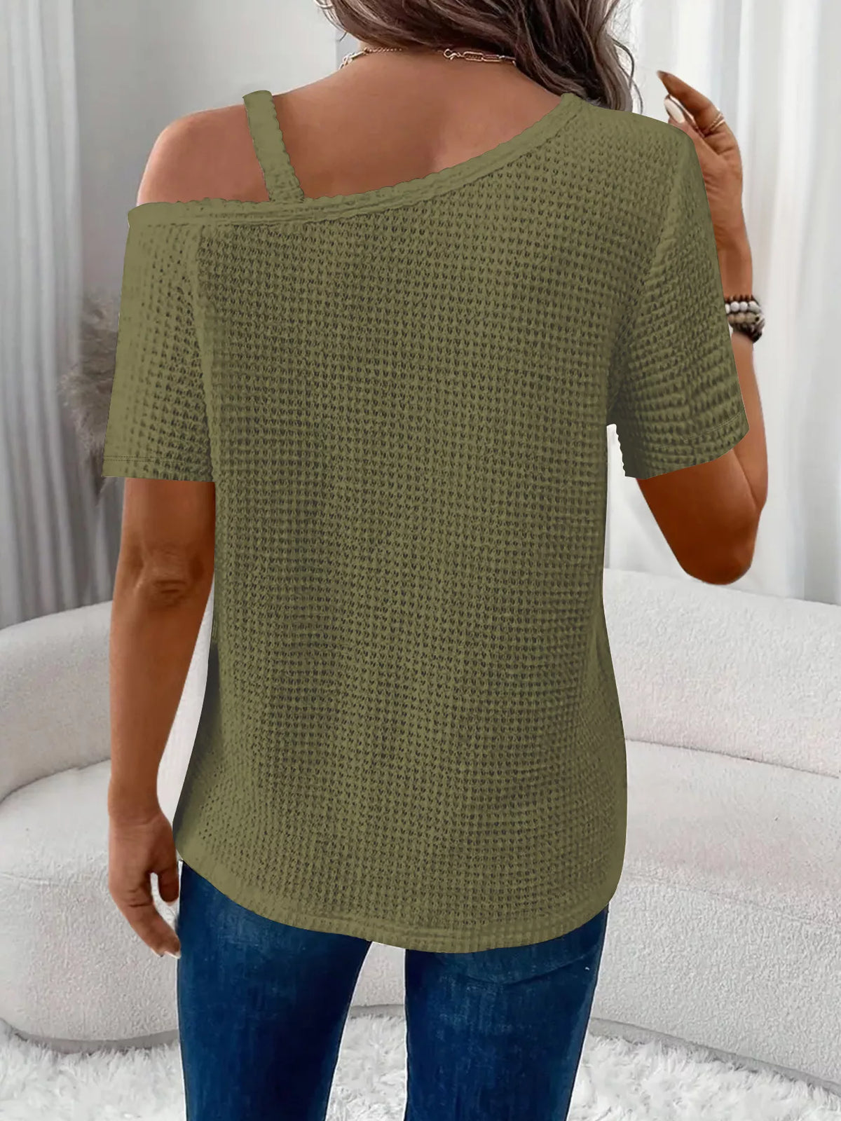 One-shoulder Chain Detail Waffle Knit T-shirt (12)